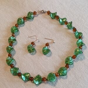14K GF Glass Earrings And Glass Necklace.